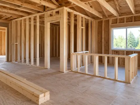 New wood stud walls framed on a plywood subfloor, a made-up photo